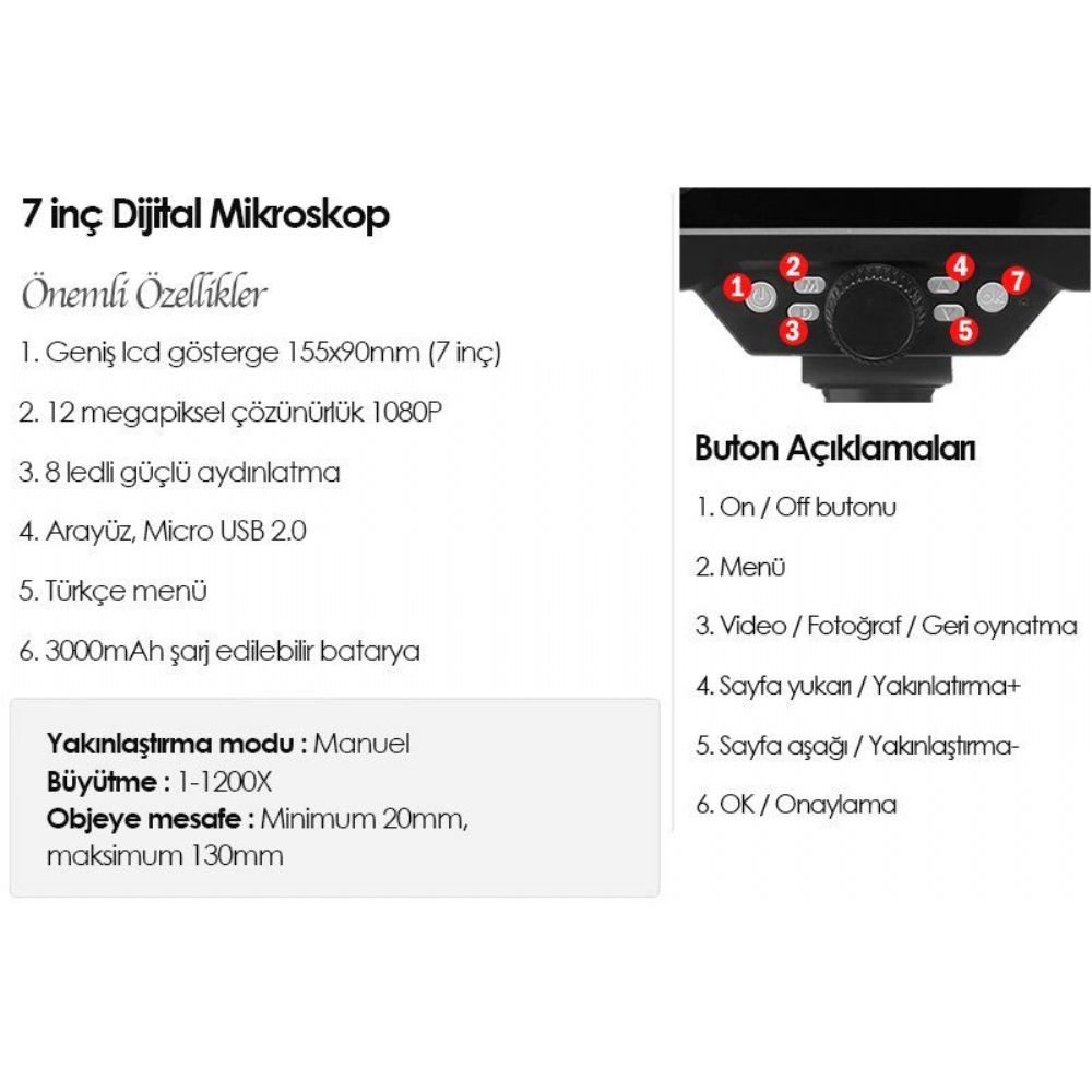 G1200 Plus+ Renkli Ekranlı Dijital Mikroskop 1200X - sanayipazari.com